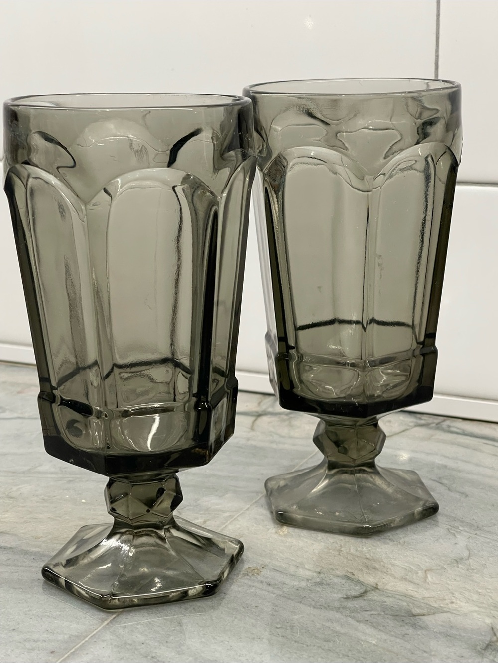 Pair of Vintage FOSTORIA Virginia Brown Smoke Glass Iced Tea Goblets – Hex Base